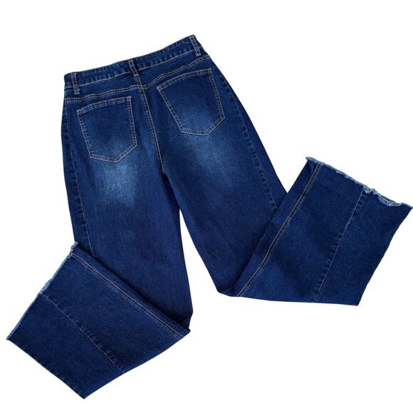 High Rise Wide Leg Panel Jeans Raw Hem Dark Wash 2000s Y2K Retro Street Blue - Picture 6 of 6